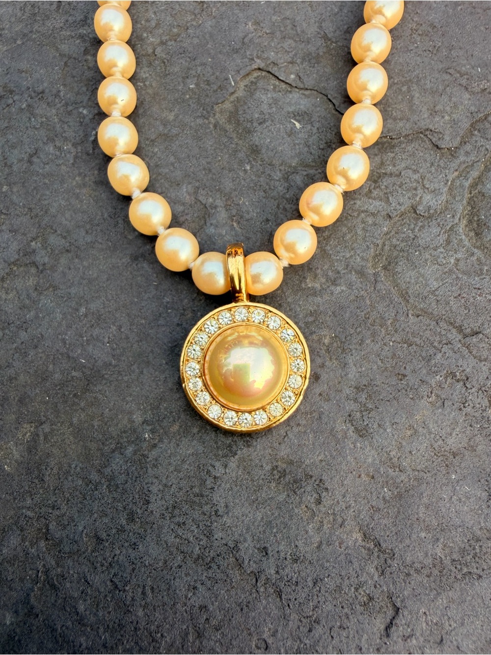 Gold Pearl Necklace with Crystal Halo Pendant